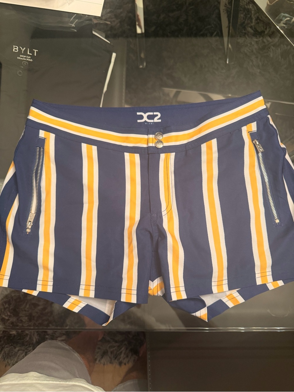 DC Striped Navy, White & Yellow Men’s Swim Trunks